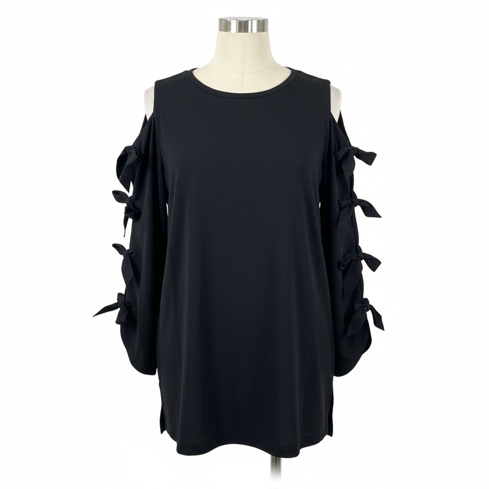Du Jour Blouse Black Cold Shoulder Tunic Top M Long Sleeve Tie Bow Accent Chic
